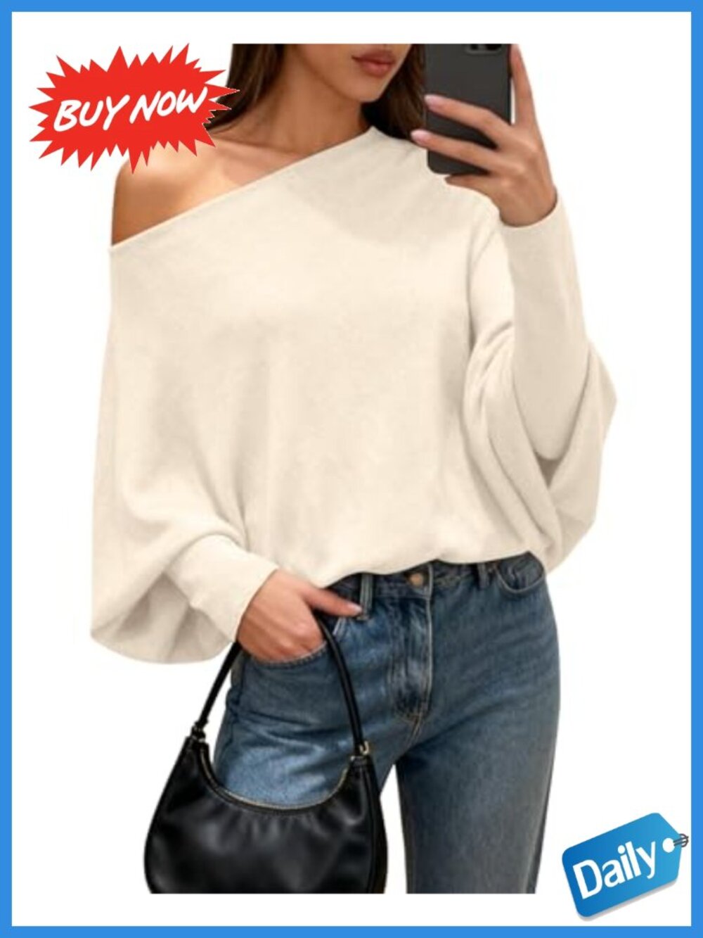 Off Shoulder Batwing Knit Sweater Loose Fit Long Sleeve Pullover